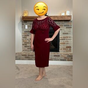 Tatyana Burgundy Midi Dress with Lace Overlay